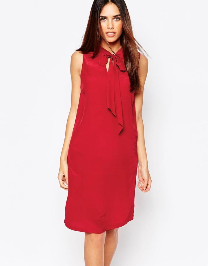 Warehouse Tie Neck Detail Swing Dress - Red
