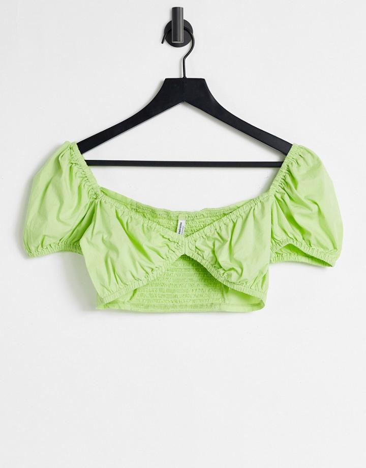 Stradivarius Puff Sleeve Crop Top In Green