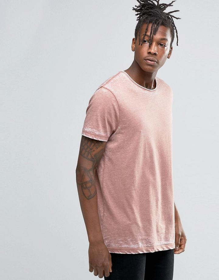 Asos Longline T-shirt With Burnout Wash In Blush - Brown