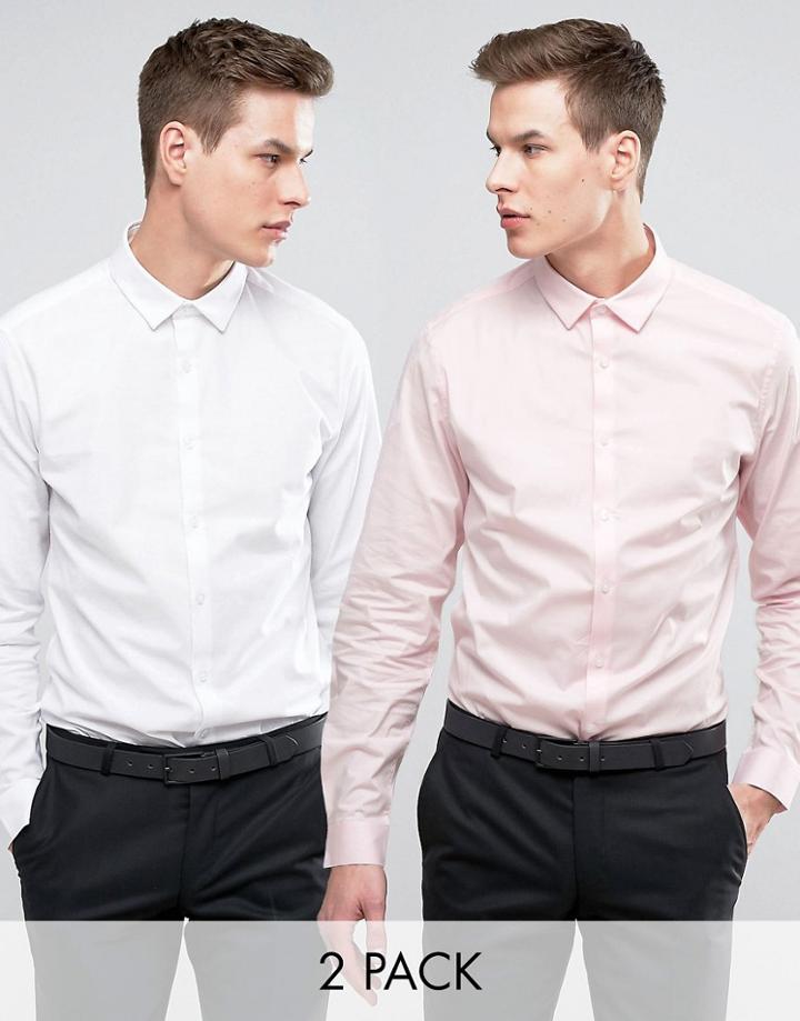Asos Slim Shirt With Stretch 2 Pack In White And Pink Save - Multi