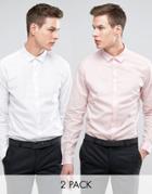 Asos Slim Shirt With Stretch 2 Pack In White And Pink Save - Multi