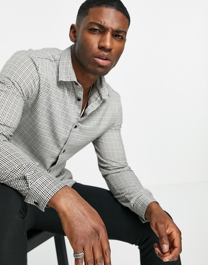 River Island Long Sleeve Muscle Fit Check Shirt In Stone-black