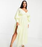 Asos Edition Curve Blouson Sleeve Midi Dress In Organza Check In Pale Yellow