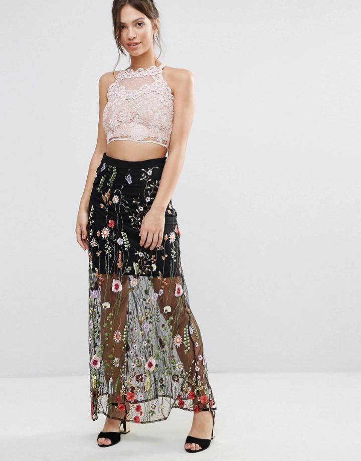 Amy Lynn Overlay Skirt With Floral Embroidery - Black