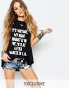 Reclaimed Vintage Drop Armhole Festival Tank With Front Slogan & Fringe Side - Black