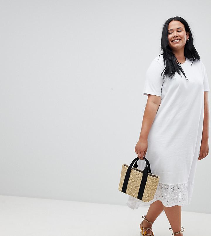 Asos Design Curve Midi T-shirt Dress With Broderie Drop Hem - White