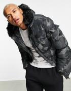 Siksilk Puff Padded Parka Coat With Faux Fur Hood In Camo-multi