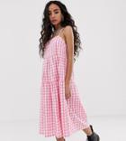 Collusion Petite Tiered Cami Smock Midi Dress In Gingham Seersucker - Pink
