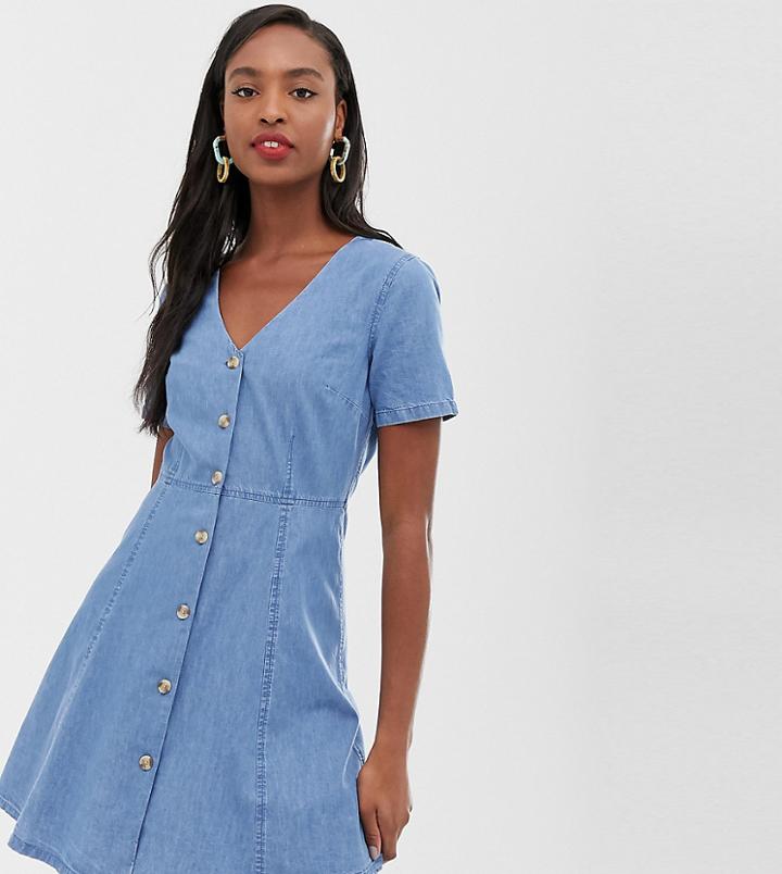 Asos Design Tall Denim Tea Dress With Mock Horn Buttons In Midwash Blue - Blue