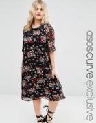 Asos Curve Midi Tea Dress In Dark Floral With Flutter Sleeve - Multi