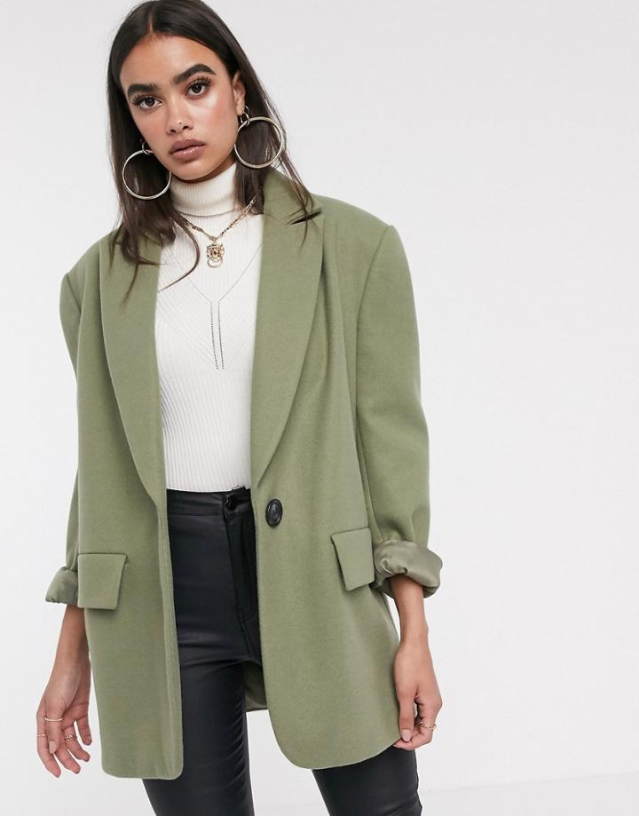 Asos Design Grandad Coat In Sage - Beige