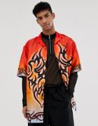 Asos Design Festival Relaxed Fit Satin Shirt With 90s Tattoo Print - Red