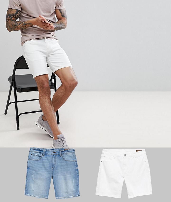 Asos Design Denim Shorts In Skinny White & Light Wash With Abrasions-multi
