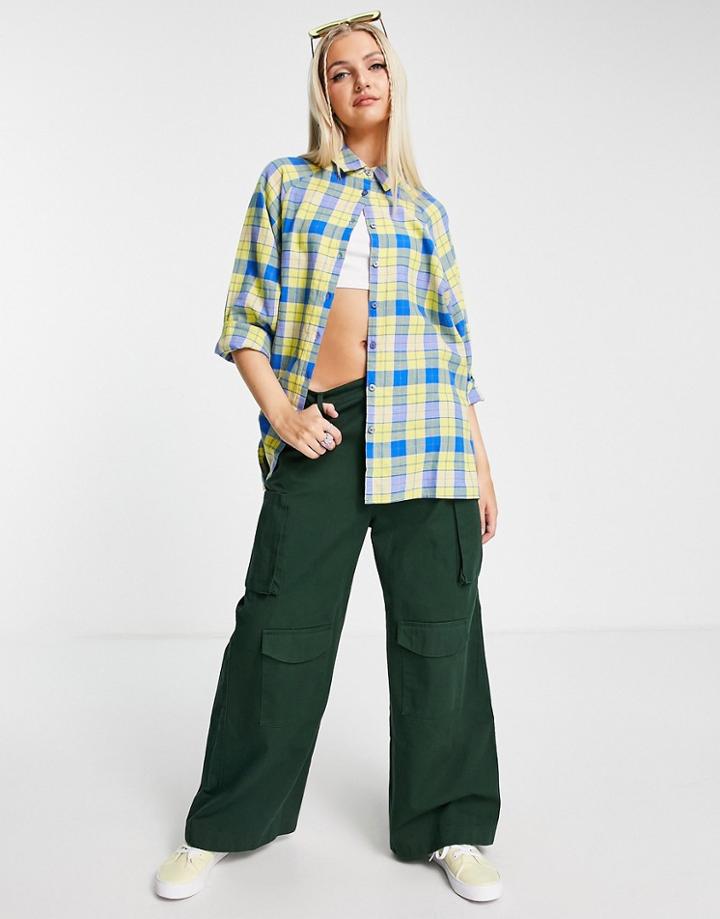 Asos Design Long Sleeve Boyfriend Shirt In Bright Yellow & Blue Check-multi
