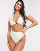 Asos Design Twist Front Bikini Top In Ecru-white