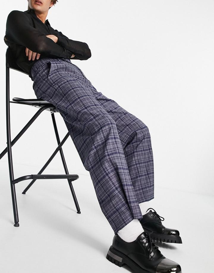Asos Design Wide Leg Suit Pants In Gray Tartan Check-grey