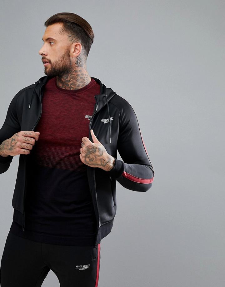 Muscle Monkey Track Hoodie In Black With Red Stripe - Black