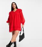 Asos Design Curve Shirred Smock Mini Dress With Lace Inserts In Red
