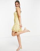 Asos Design Ruched Front Strappy Mini Mesh Dress In Yellow Floral-multi