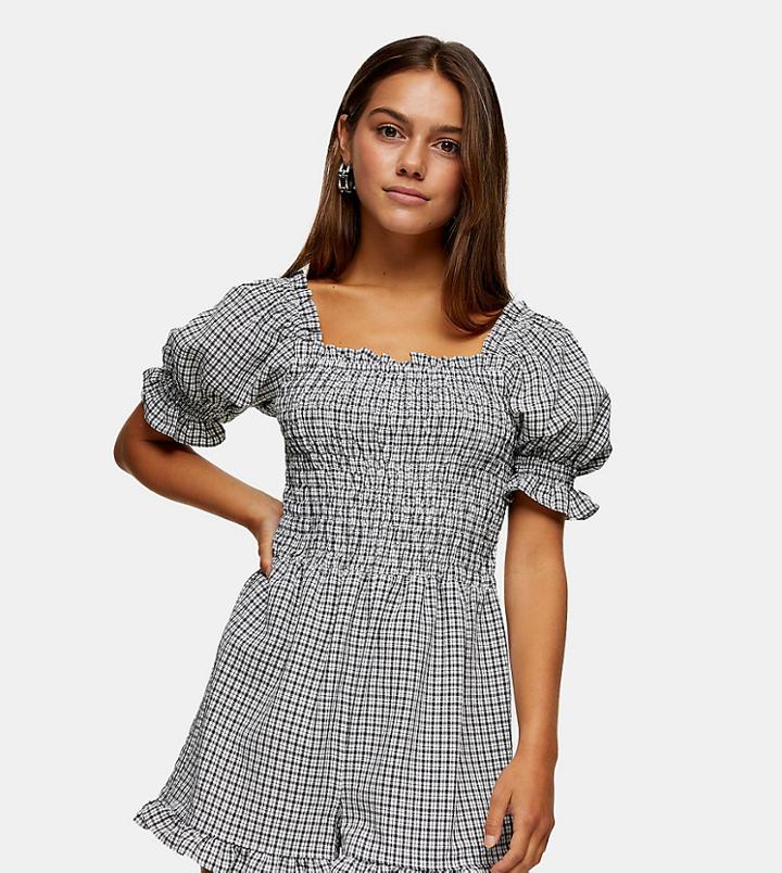 Topshop Petite Romper With Puff Sleeves In Monochrone Gingham-white