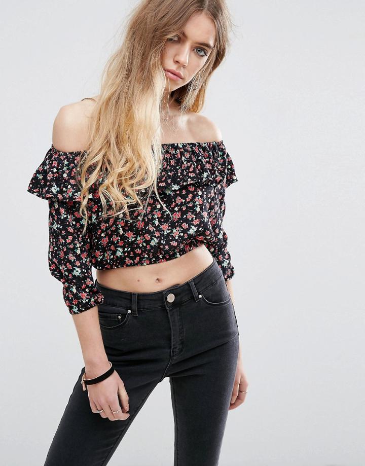 Rock & Religion Bardot Frilled Floral Print Crop Top - Black