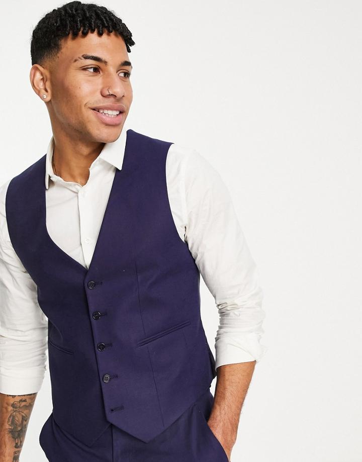 Asos Design Skinny Linen Suit Vest In Navy