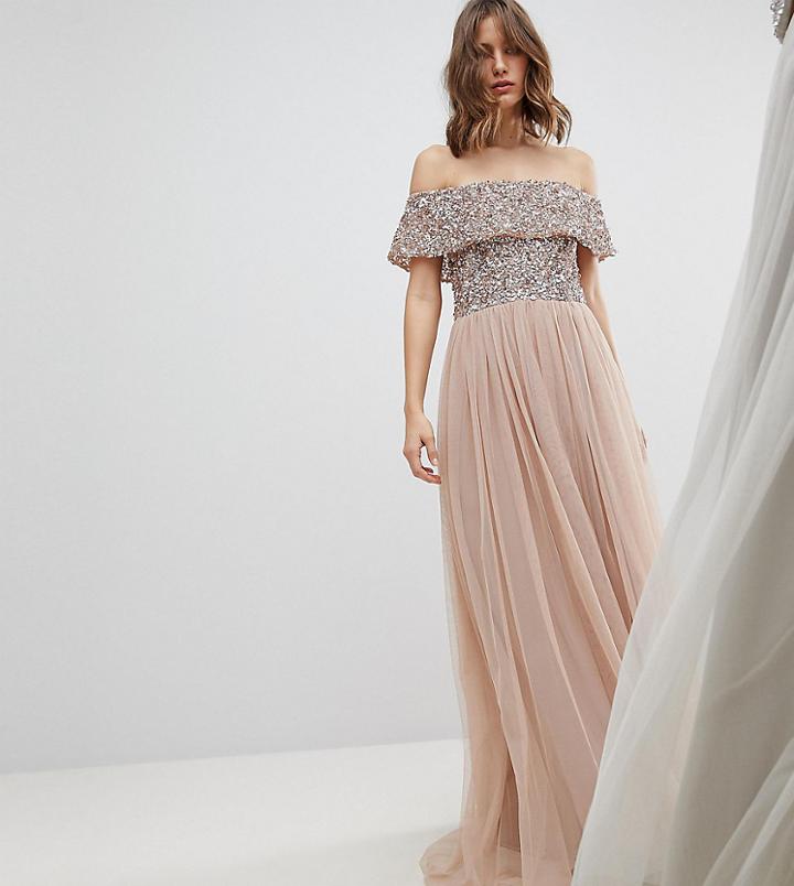 Maya Bardot Sequin Top Tulle Detail Dress With High Low Hem - Brown