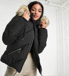 Topshop Tall Padded Jacket With Faux Fur Hood In Black