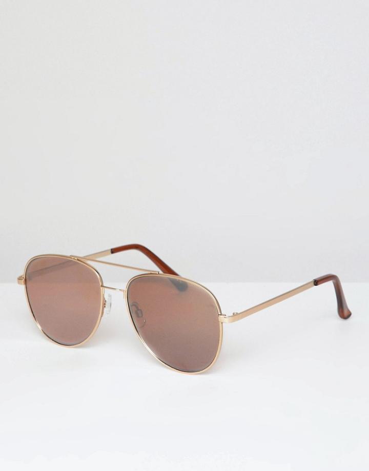 Asos Design Aviator In Brushed Gold With Mirror Lens - Gold