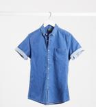 Asos Design Tall Stretch Slim Organic Denim Shirt In Mid Wash-blues