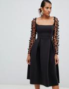 Asos Design Square Neck 3d Floral Lace Midi Prom Dress-navy