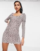 Missguided Ruched Milkmaid Dress In Flocked Polkadot-pink