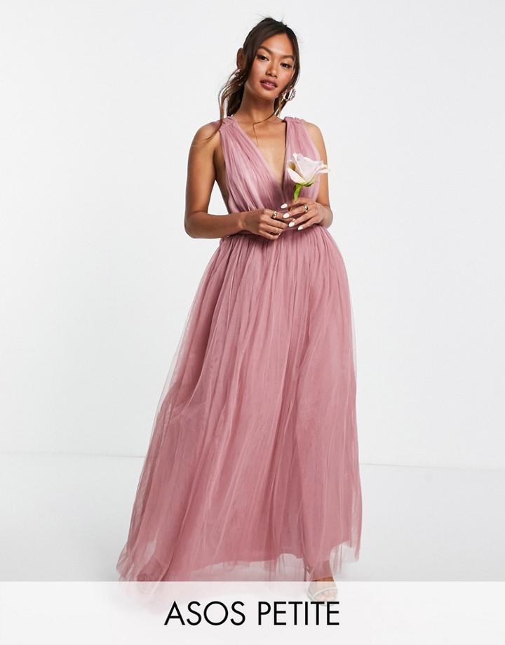 Asos Design Petite Tulle Plunge Maxi Dress With Bow Back Detail In Rose-blues