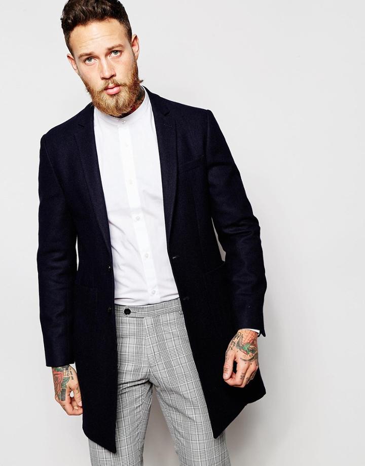 Asos Smart Overcoat In Wool Blend - Navy