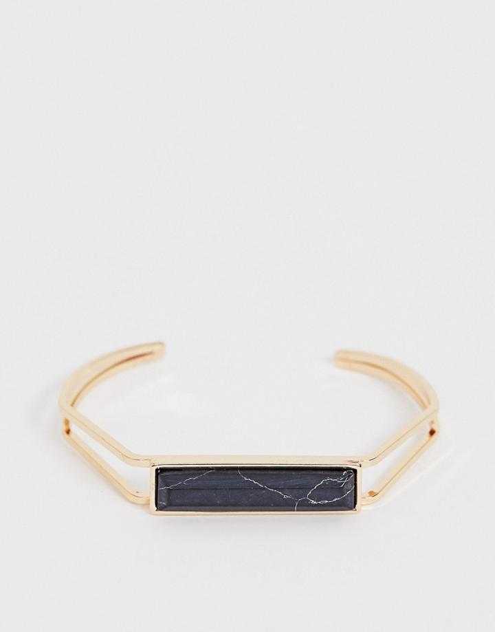 Asos Design Cuff Bracelet With Faux Semi Precious Bar And Cut Out Design In Gold Tone - Gold