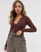 Emory Park Fitted Top With Collar In Rib Knit-brown
