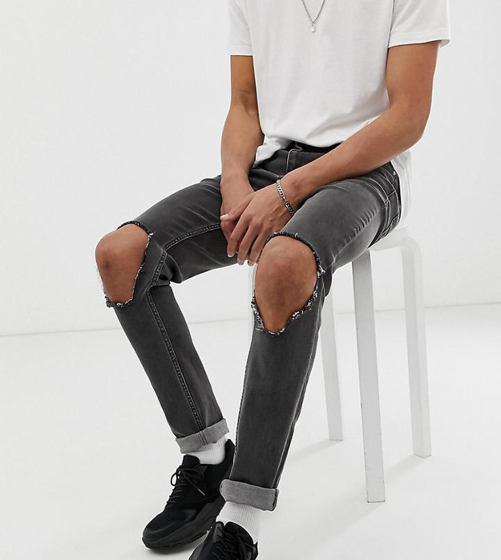 Asos Design Tall Skinny Jeans In Washed Black With Open Knee Rips - Black