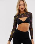 Asos Design Super Crop Mesh Top In Flame Print-black