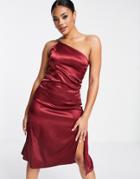 Femme Luxe One Shoulder Strappy Front Silt Satin Midi Dress In Deep Berry-red