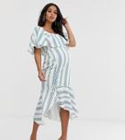 Asos Design Maternity Square Neck Striped Midi Dress With Ruched Skirt And Pep Hem-multi