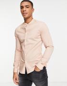 Asos Design Skinny Fit Shirt With Grandad Collar In Peach-pink