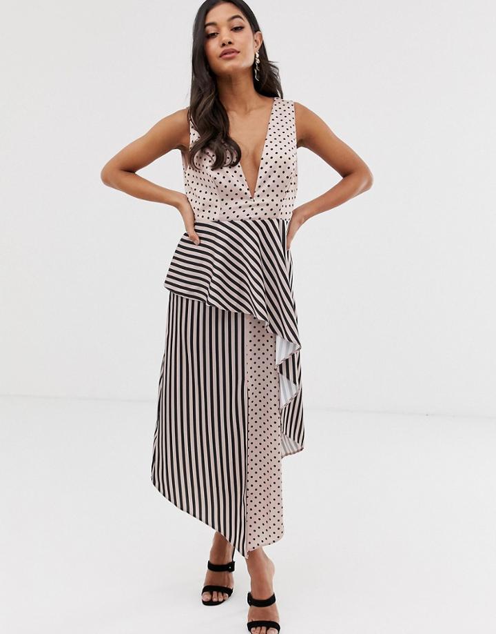 Asos Design Midi Dress In Mixed Spot And Stripe Print-multi