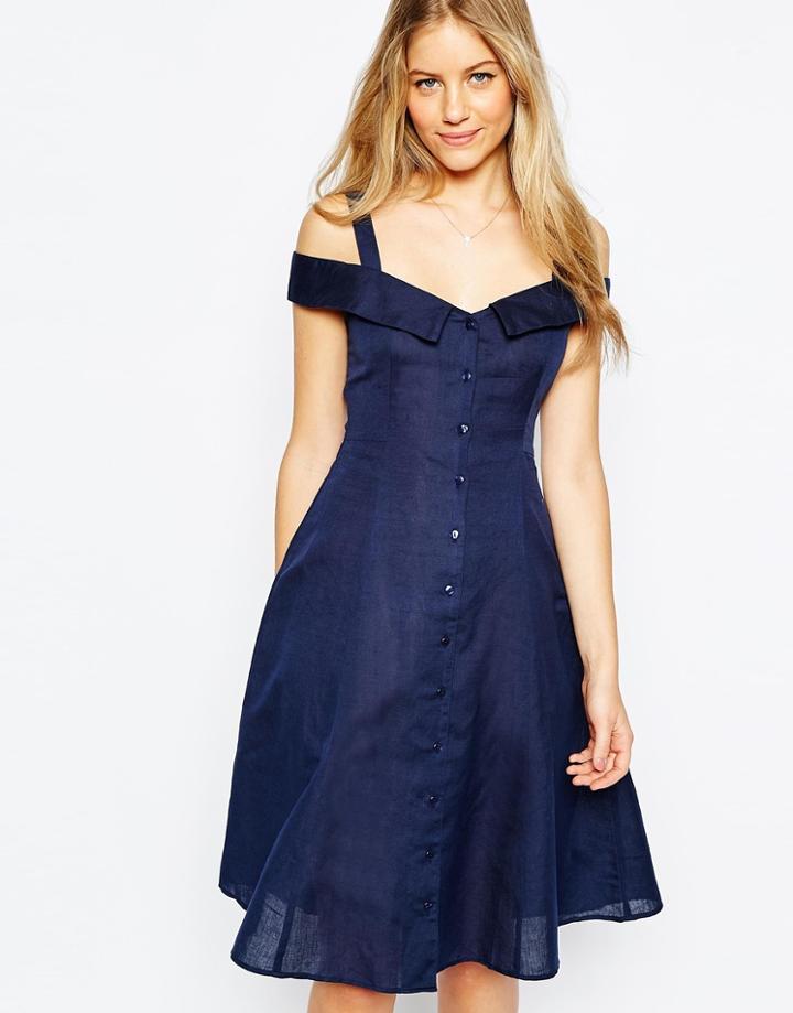 Asos Plain Off Shoulder Button Through Midi Sundress - Navy