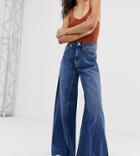 Asos Design Tall Wide Leg Jeans With Inverted Godet Inserts In Dark Stone Wash-blue