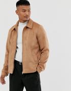 Asos Design Faux Suede Zip Through Jacket In Tan