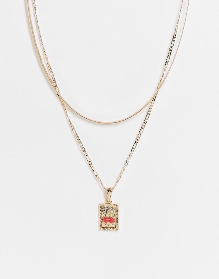 Asos Design Multirow Necklace With Cherry Tag Pendant In Gold Tone