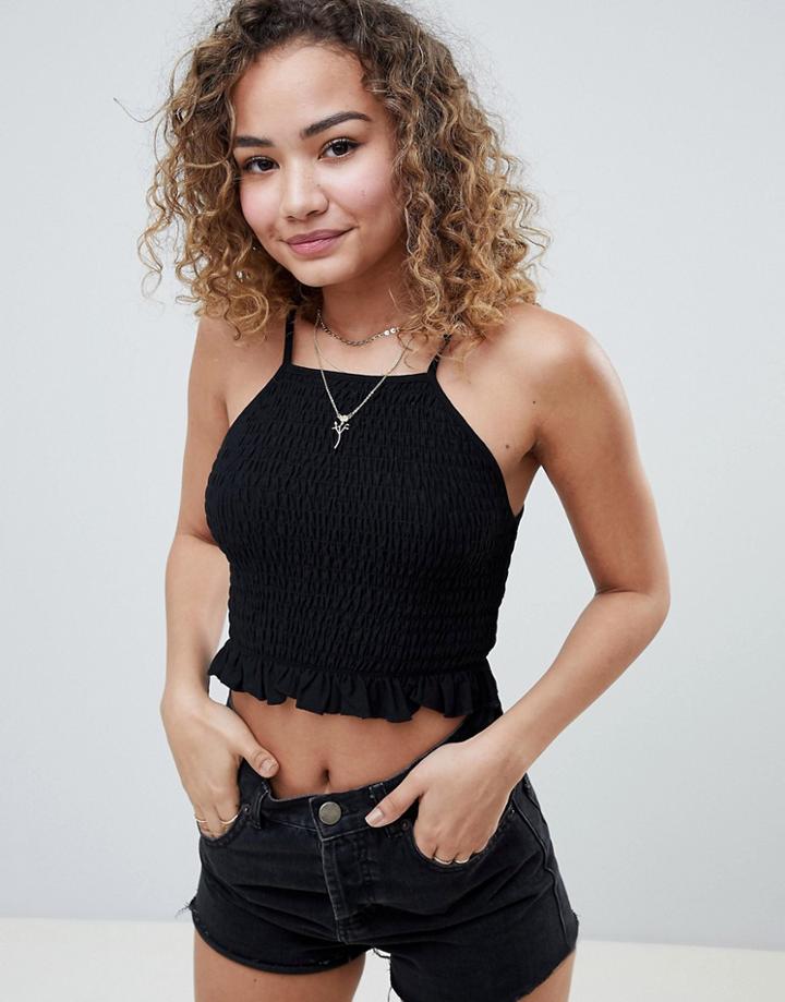 Miss Selfridge Shirred Cami Crop Top With Square Neck In Black - Black