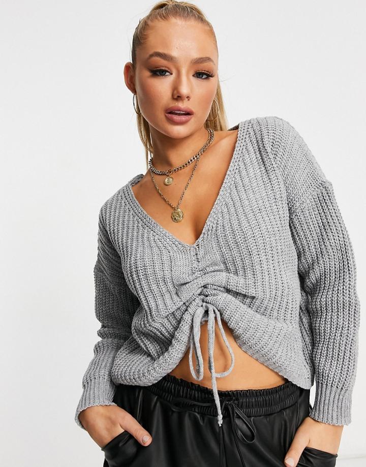 Parisian Tie Front Slouchy Sweater In Gray-grey