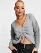 Parisian Tie Front Slouchy Sweater In Gray-grey
