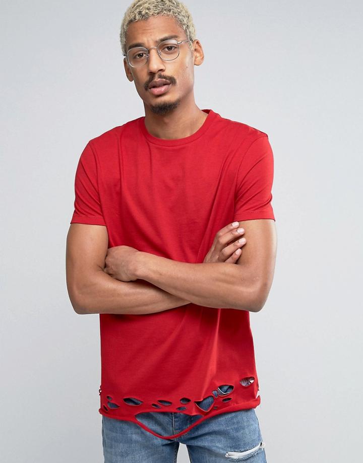 Asos Longline T-shirt With Distressed Hem In Red - Red